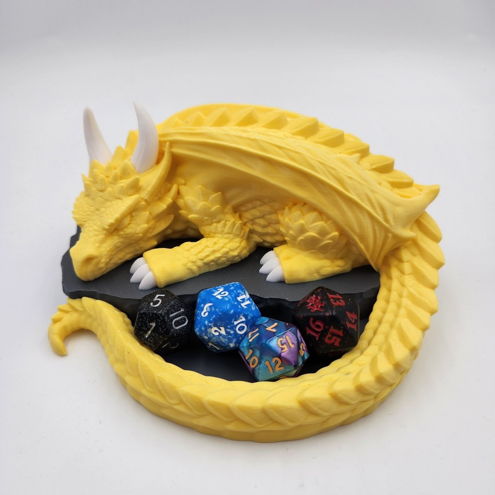 3D Printed Yellow Sleeping Dragon Dice Holder D&D MTG RPG Gaming Tabletop Decor